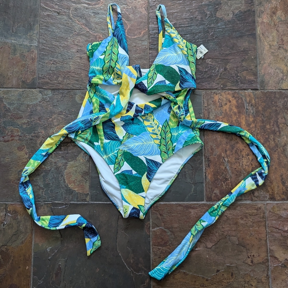 nwt AERIE one piece full coverage wrap swimsuit tropical S